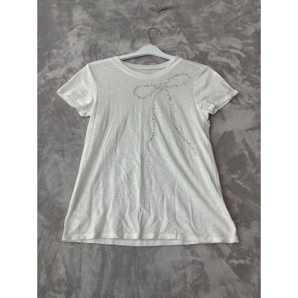 LOFT Outlet White Slub Cotton Sequin Bow Short Sleeve Tee Shirt XS RN140923